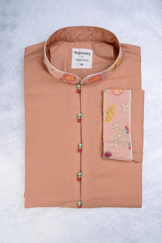 Coral Floral-Embroidered Panjabi with Colorful Buttons